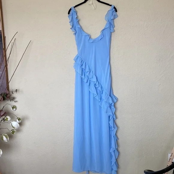 HOUSE OF CB 'Ariela' Soft‎ Blue Ruffle Maxi Dress NWOT size L - Picture 5 of 13